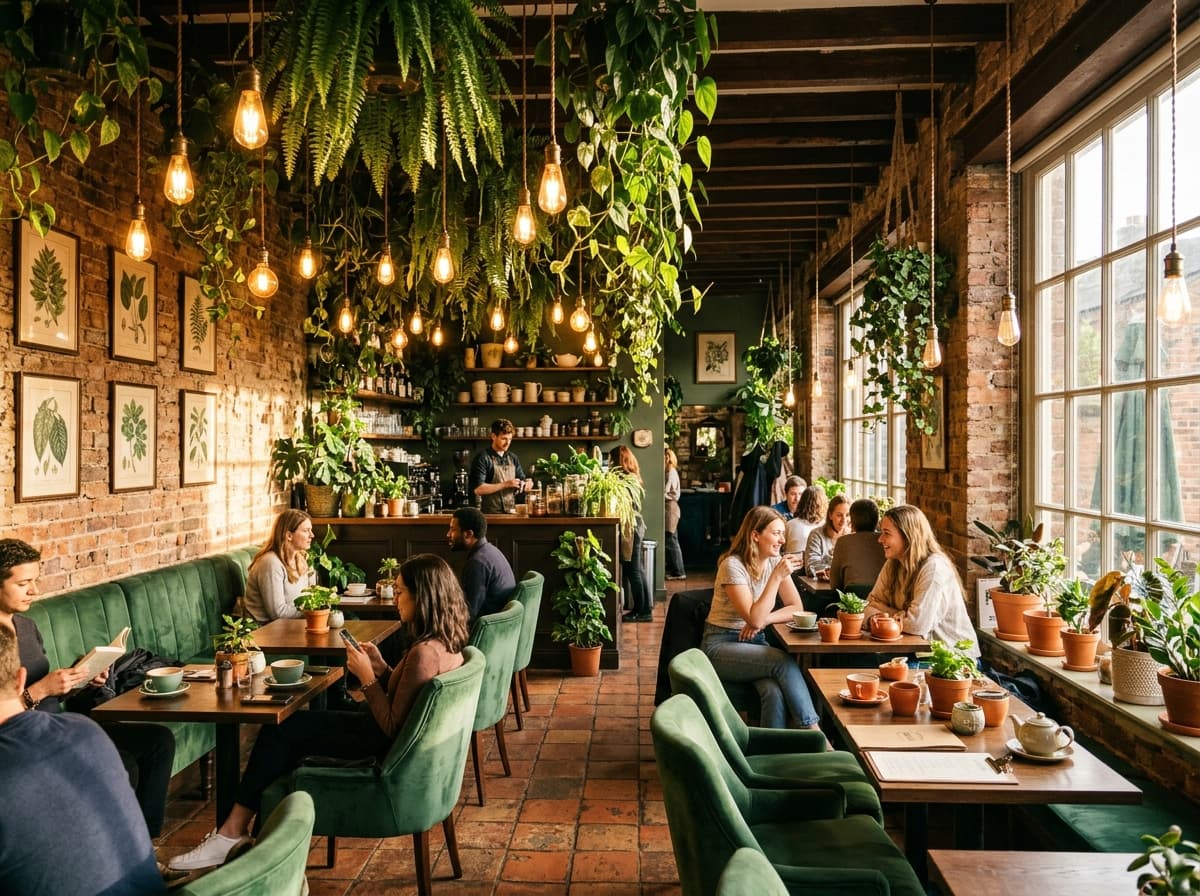 botaniqa kafe atmosferi — asılı bitkiler ve sıcak botanik ışık